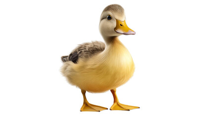 A cute yellow duckling standing on a white background.