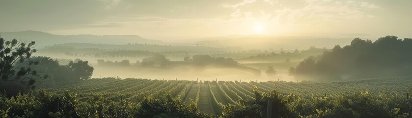 A serene and misty dawn in the vineyards of Bordeaux