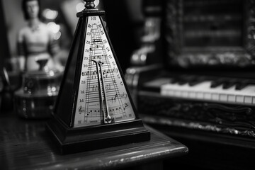 Present a classic black and white photo of a metronome, adding a timeless and elegant touch to the musical theme.