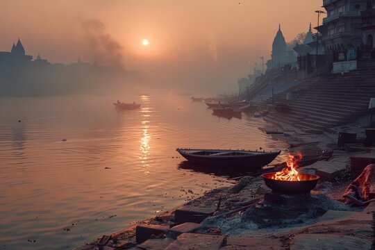 A quiet morning on the banks of the Ganges in Varanasi