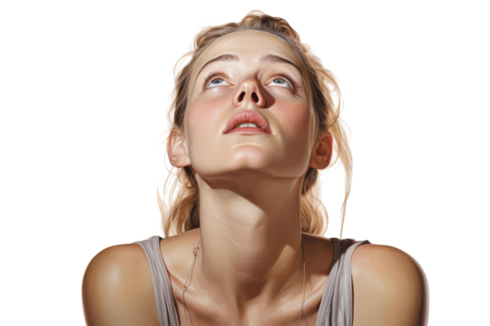 Close-up portrait of a beautiful young blonde woman looking up at the sky with her eyes closed and a serene expression on her face.