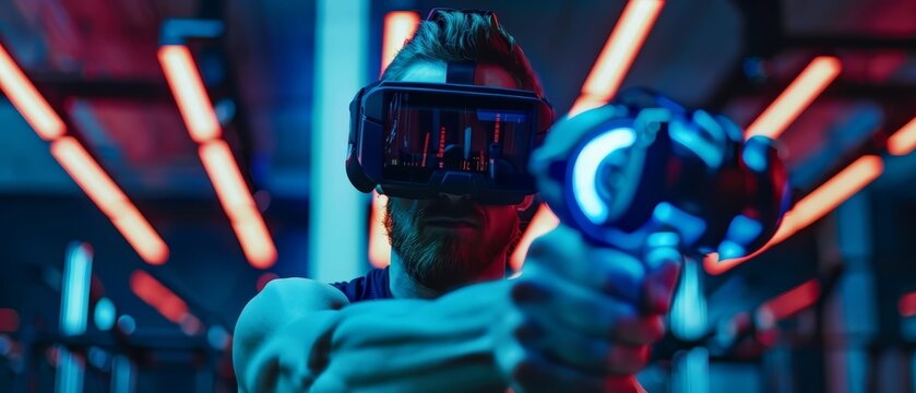 A virtual reality fitness program combines immersive environments with realtime coaching to transform home workouts, hitech cyber look sharpen close up with copy space