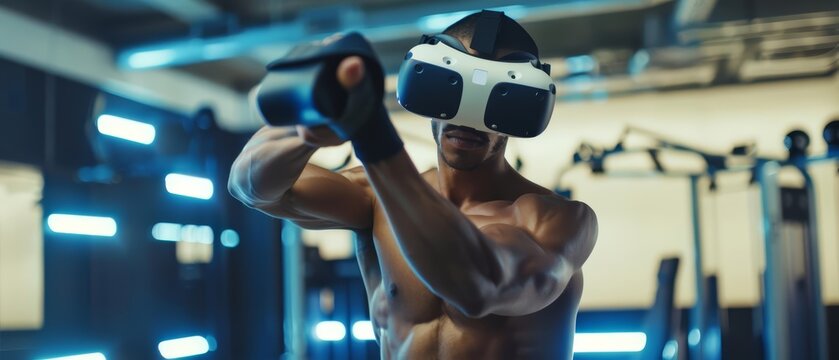 A virtual reality fitness program combines immersive environments with realtime coaching to transform home workouts, hitech cyber look sharpen close up with copy space