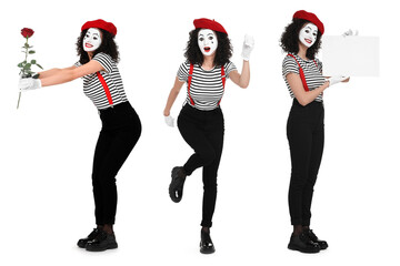 Funny mime posing on white background, set of photos