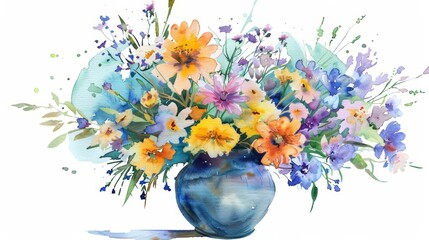 A watercolor painting of a simple, be nice vase holding a bouquet of fresh spring flowers, Clipart isolated on white background