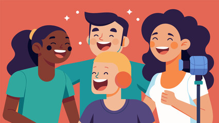 A group of friends laughing and having fun while recording a fitness podcast on the importance of finding joy and enjoyment in physical activity.. Vector illustration