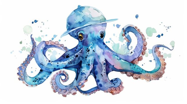 recommend clip art: A watercolor painting of a cute, kawaii octopus wearing a tiny hat, floating near the ocean floor, Clipart isolated on white background