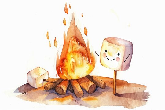 A watercolor painting of a kawaii, so cute marshmallow toasting over a campfire, Clipart isolated on white background