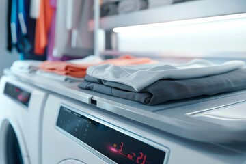 An innovative laundry folding machine streamlines household chores, automatically folding clothes with precision, hitech cyber look sharpen close up with copy space