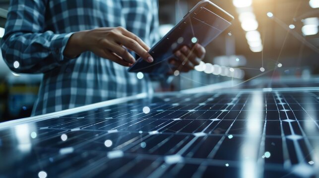 An entrepreneur harnesses solar power technology to revolutionize energy consumption in manufacturing, Sharpen close up business hitech concept with blur background