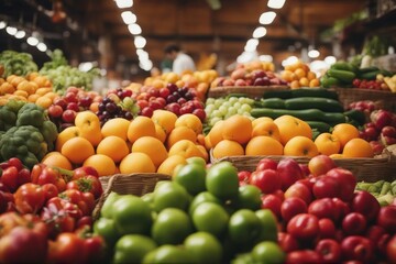 'fruit market various colorful fresh fruits vegetables supermarket store nutrient shop colours colourful basket bazaar pear bright food eating produce lemon sell plum buy green row stall red yellow'