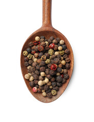 Aromatic spices. Different peppers in wooden spoon isolated on white, top view