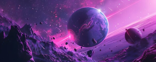 Surreal Futuristic Space Scene Illustration with a Purple Planet