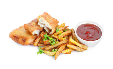 Tasty fish, chips, sauce and peas isolated on white
