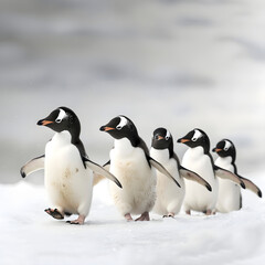 Obraz premium A group of gentoo penguins waddle on a snowy landscape, showcasing wildlife in its natural setting