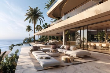 Fototapeta premium The 3D architecture of a modern luxury villa house exemplifies opulence with sweeping terraces and panoramic views, Interior 3d render Sharpen highdetail realistic concept