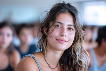 Latin student sitting in a university classroom, college friends