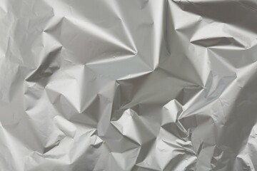 Crumpled silver foil as background, top view