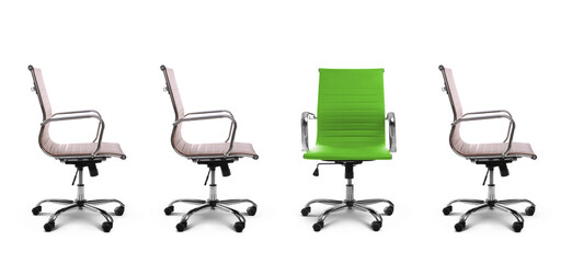 Vacant position. Green office chair among another ones on white background, banner design