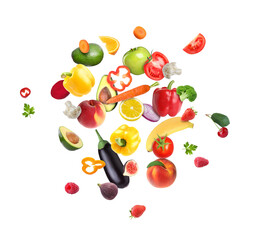 Different fresh fruits and vegetables in air on white background