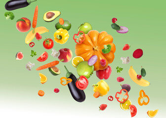 Different fresh fruits and vegetables in air on green gradient background