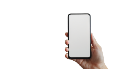 Hand holding Smartphone as png photo and isolated on white background for your mobile phone app or web site design, logo Global Business technology