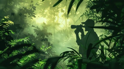 The silhouette of a birdwatcher in a lush forest