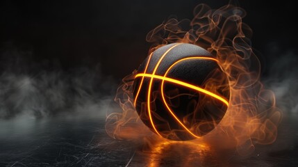 A black basketball adorned with vibrant neon lines on a smoky black background, Ai Generated.