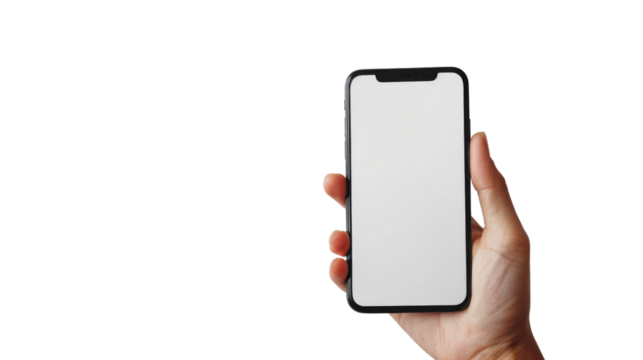 Hand holding Smartphone as png photo and isolated on white background for your mobile phone app or web site design, logo Global Business technology