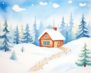 Naklejka premium winter snowscape with a cozy cabin