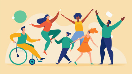 A dance performance featuring individuals with cerebral palsy celebrating their physical abilities and showing how art can transcend physical. Vector illustration