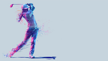 Blue pink geometric form illustration of golf player after hitting the ball
