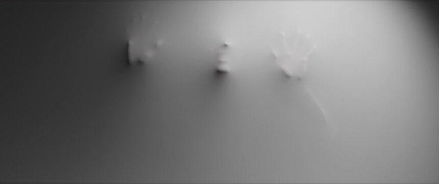 Multiple hands and creepy face shapes appear from the white wall