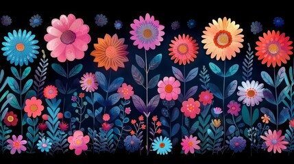 colorful flower isolated in black background, concept of garden with different color flowers, sunflower, rose, tulip, with leaves in business beauty background presentation or backdrop