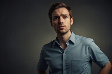 a man with a blue shirt that says  he's looking afraid | portrait of a person | copy space