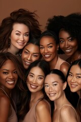 Obraz premium A portrait of a group of young women smiling at camera, from different race and type and skin tones, for self love and mind health and care and friendship and social impression.
