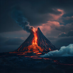 Dramatic scene of a volcano erupting under a twilight sky, with vibrant lava flows