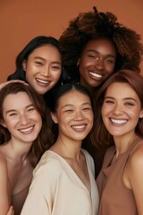 Obraz premium A portrait of a group of young women smiling at camera, from different race and type and skin tones, for self love and mind health and care and friendship and social impression.