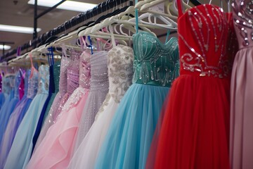 clothes and robes and dresses hanger in shop Elegant long formal dresses for sale in luxury modern shop boutique. Prom gown, wedding, evening, bridesmaid dresses dress details. Dress rental