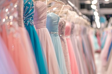 clothes and robes and dresses hanger in shop Elegant long formal dresses for sale in luxury modern shop boutique. Prom gown, wedding, evening, bridesmaid dresses dress details. Dress rental