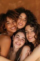 Obraz premium A portrait of a group of young women smiling at camera, from different race and type and skin tones, for self love and mind health and care and friendship and social impression.
