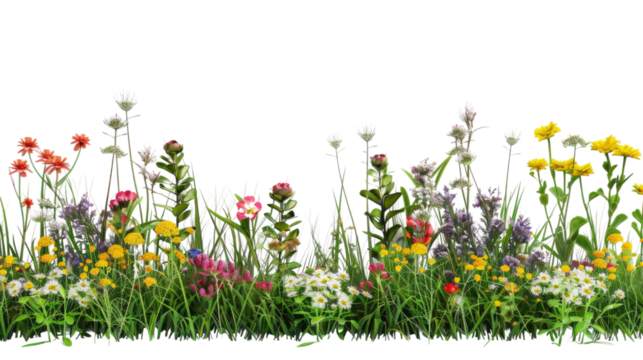 Flower garden, meadow, and grass on a white background, png transparent