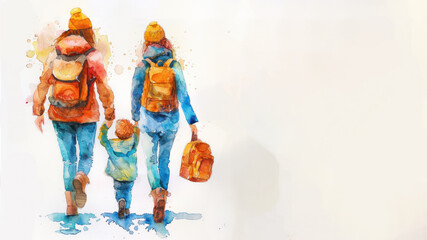 Colorful watercolor of A mother with her preschooler going to school