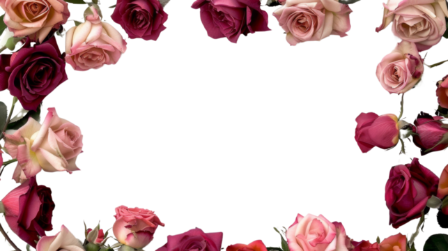 Floral frame made of beautiful roses on white background, png transparent 