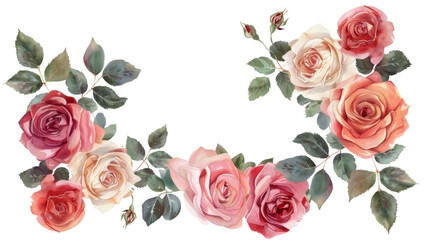 Floral frame made of beautiful roses on white background, png transparent 