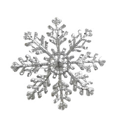 A silver snowflake with a white background