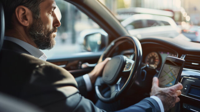 Businessman navigating traffic with smartphone GPS