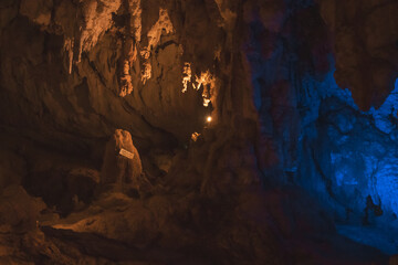 Colorful lights inside a cave
