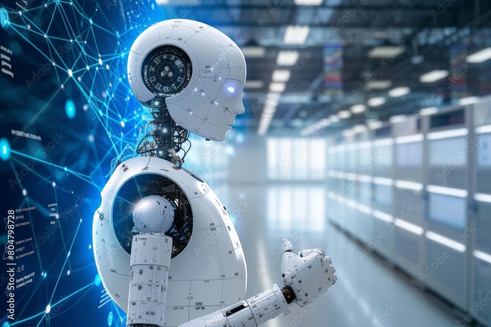 Poster highly detailed humanoid robot with illuminated head and intricate mechanical design gestures toward