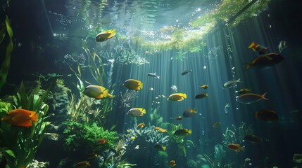 The underwater world is full of exotic fish, beautiful coral reefs are illuminated by the rays of the sun